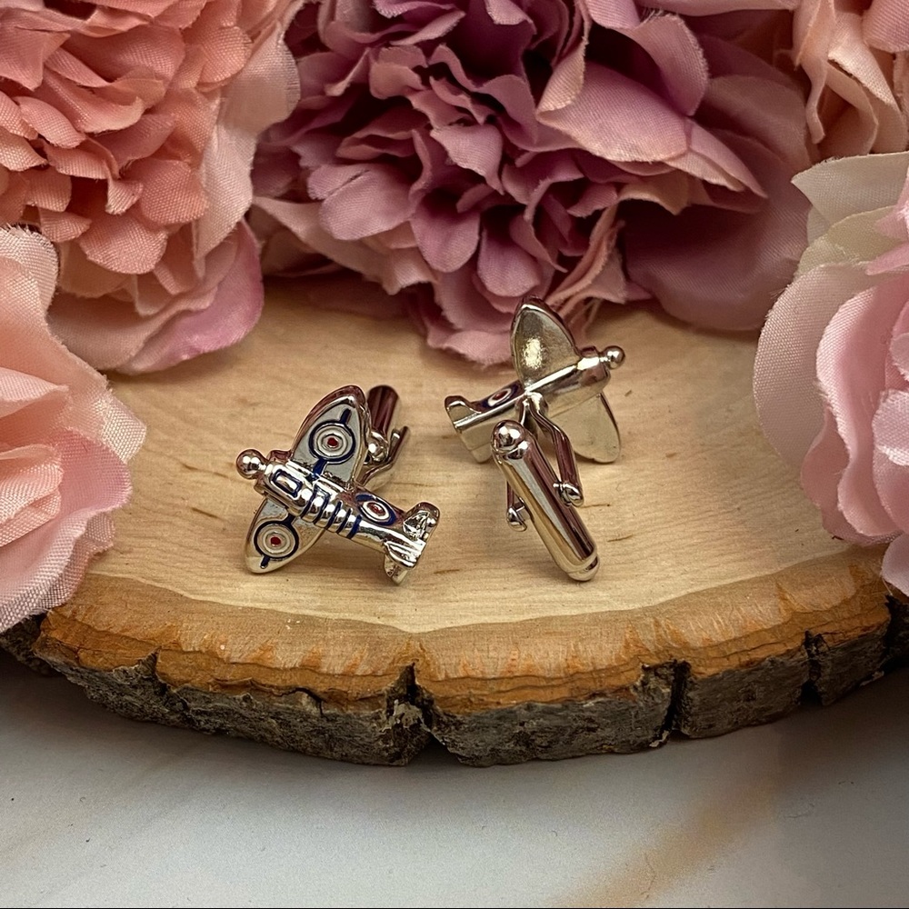 Silver Spitfire Military Airplane WWII Cufflinks - Picture 11 of 16